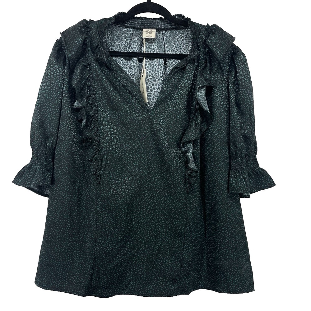 Good Hart Size 2X Green Pebble Peasant Top Ruffle Blouse Short Puff Sleeve Satin